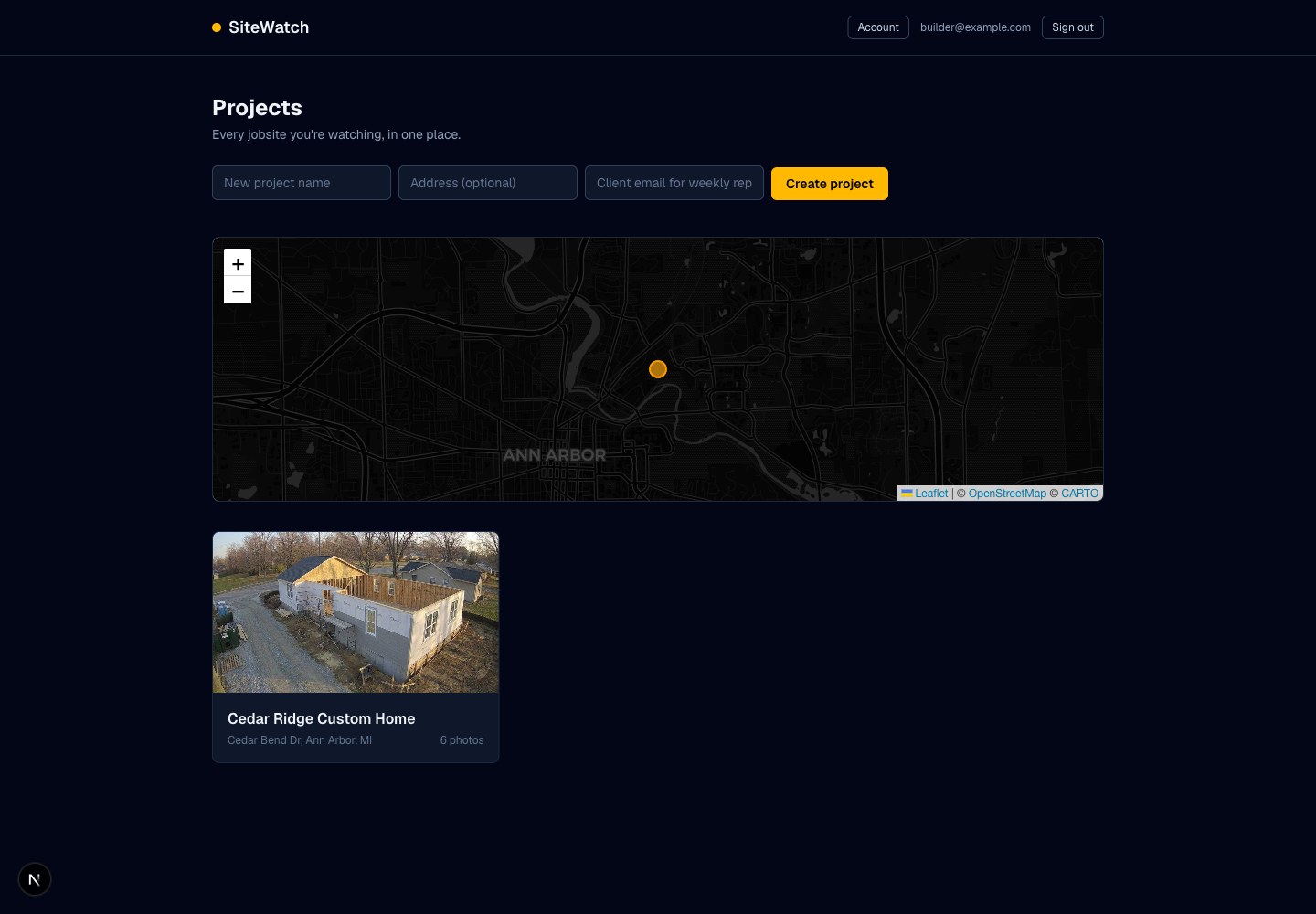 SiteWatch dashboard with a map of jobsites