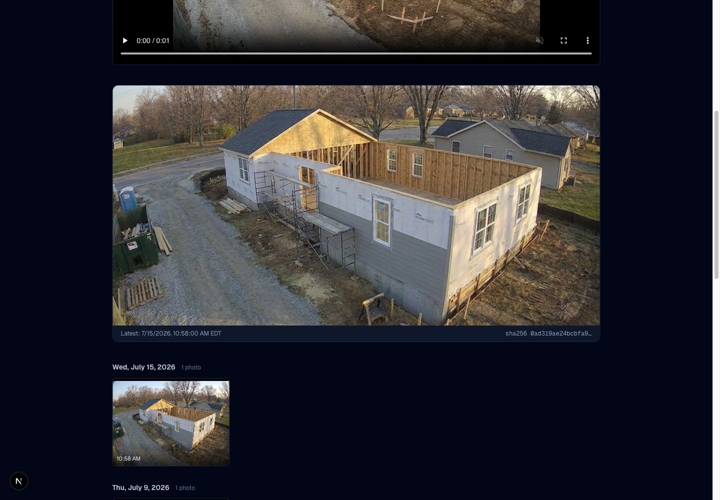 Client portal showing the latest jobsite photo and timeline